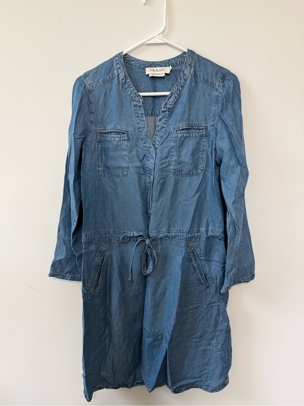 indi & cold -  Lightweight Chambray Drawstring Tunic Dress - Blue